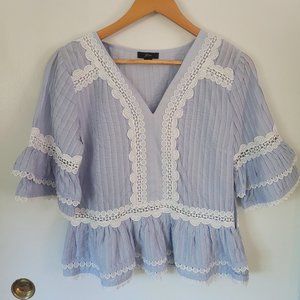 J Crew Blue and White Ruffled Blouse